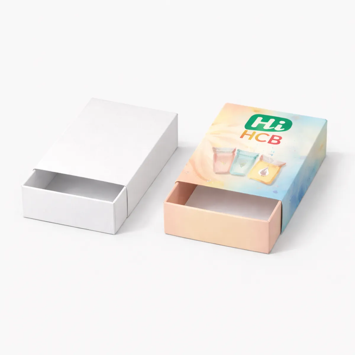 Elegant two-piece cosmetic sachet packaging featuring a sliding tray and a protective outer sleeve- class=